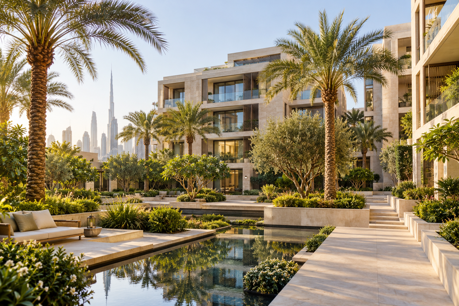 Illustrative Dubai courtyard residences with landscaped gardens and contemporary architecture