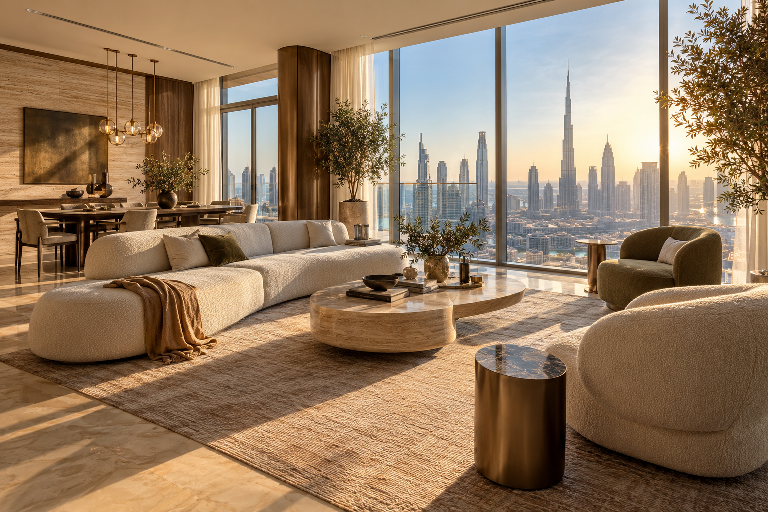Illustrative luxury Dubai penthouse interior overlooking the Burj Khalifa skyline