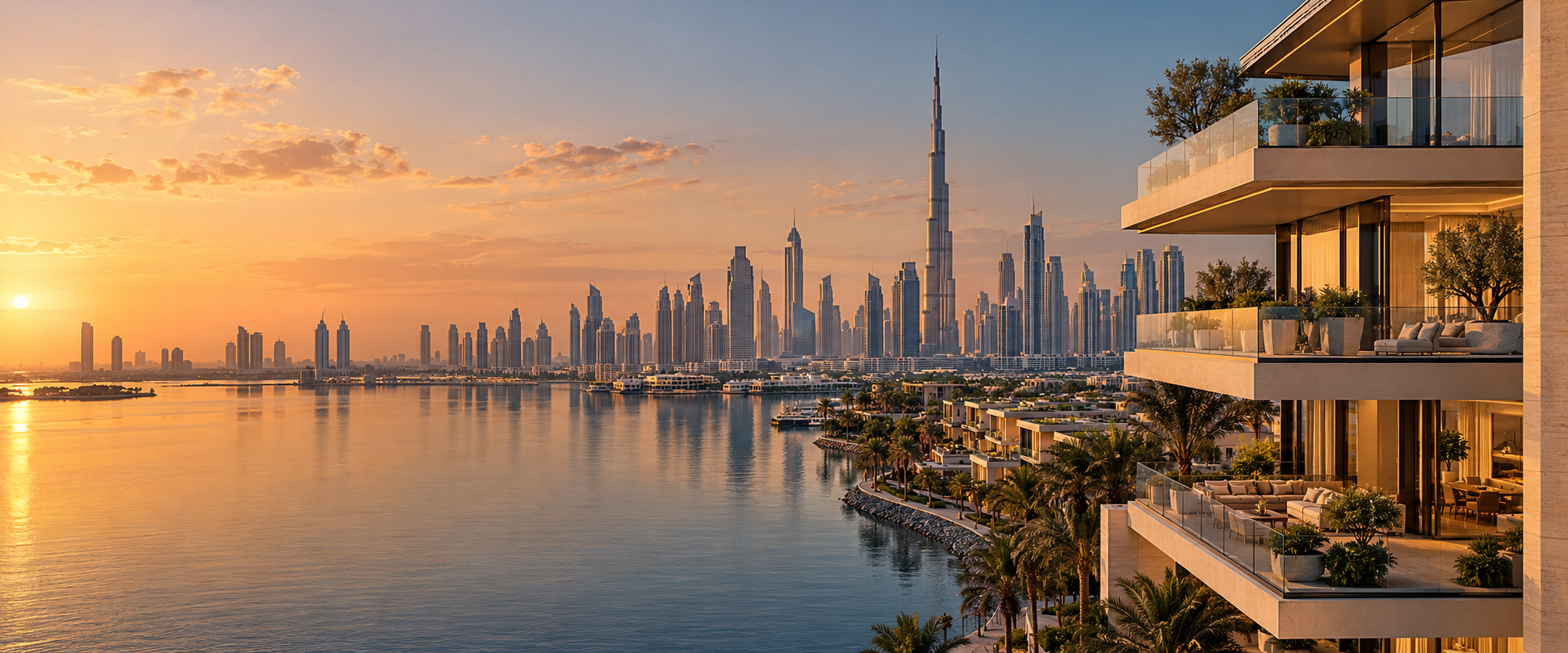 Illustrative Dubai waterfront skyline with Burj Khalifa and contemporary residences at sunset