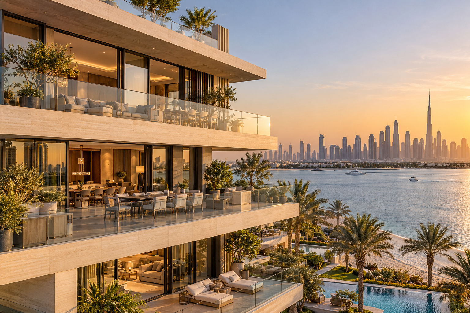 Illustrative Dubai waterfront apartment residence with limestone terraces and palm trees